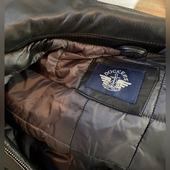 Cozy Dockers Bomber Jacket Faux Leather Brown Quilted Lining Size L - Picture 12 of 14